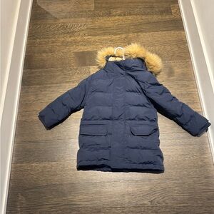 Uniqlo Kids Blue Puffy Coat Parka Faux Fur Lined Hood Size 3-4